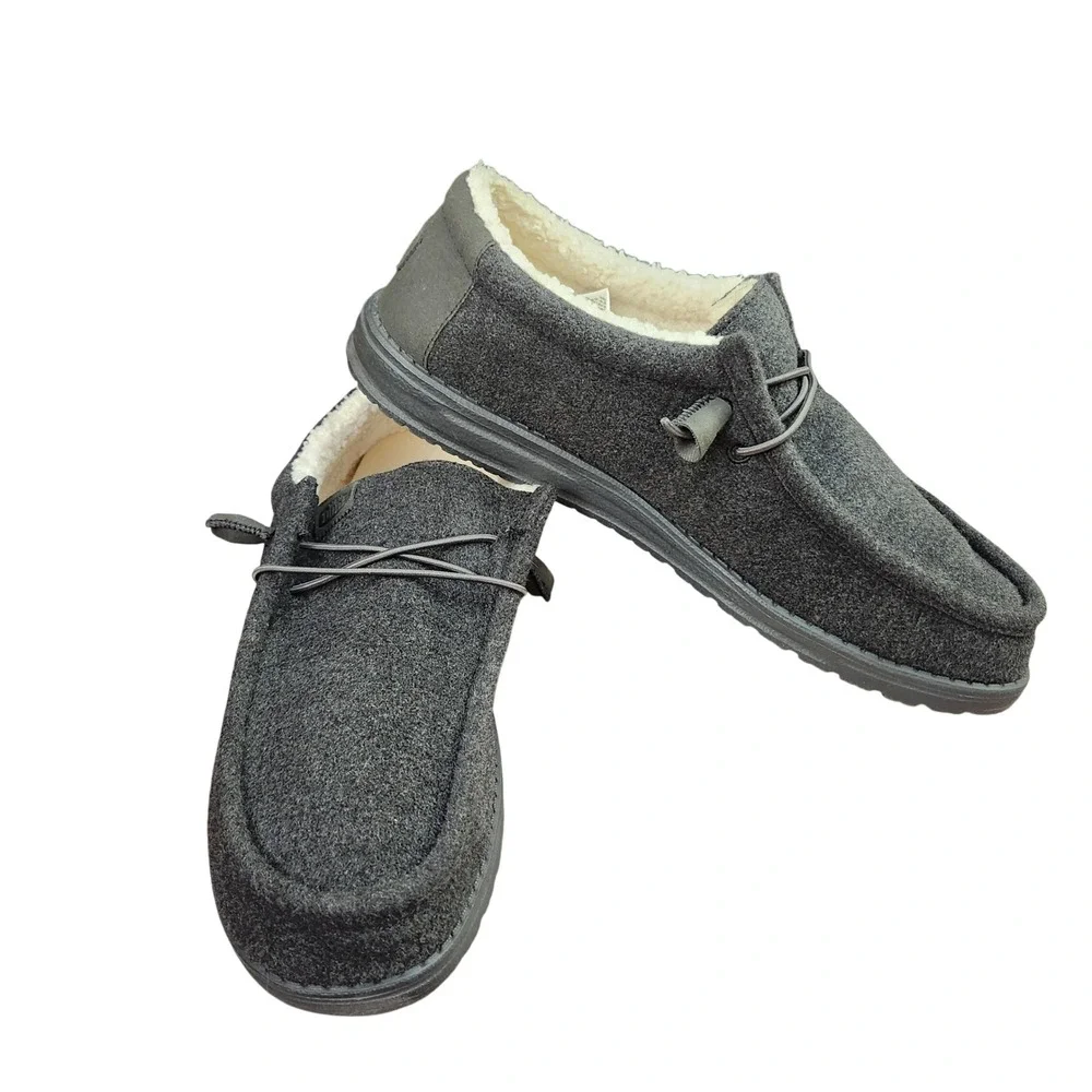 Hey Dude Wally Warmth Mens 12 Charcoal Grey Faux Fur Lined Loafers Cozy Comfort